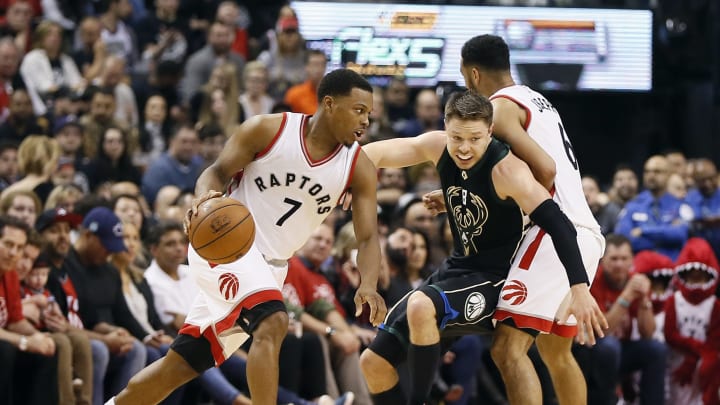 Apr 15, 2017; Toronto, Ontario, CAN; Toronto Raptors guard Kyle Lowry (7) gets by Milwaukee Bucks PG Matthew Dellavedova (8) during the first half in game one of the first round of the 2017 NBA Playoffs at Air Canada Centre. Mandatory Credit: John E. Sokolowski-USA TODAY Sports