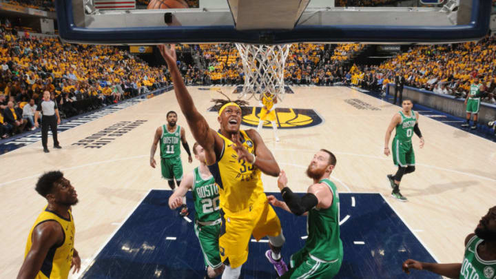 INDIANAPOLIS, IN - APRIL 21: Myles Turner #33 of the Indiana Pacers shoots the ball against the Boston Celtics during Game Four of Round One of the 2019 NBA Playoffs on April 21, 2019 at Bankers Life Fieldhouse in Indianapolis, Indiana. NOTE TO USER: User expressly acknowledges and agrees that, by downloading and or using this photograph, User is consenting to the terms and conditions of the Getty Images License Agreement. Mandatory Copyright Notice: Copyright 2019 NBAE (Photo by Ron Hoskins/NBAE via Getty Images)