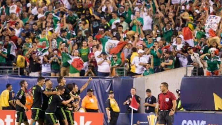 Jul 26, 2015; Philadelphia, PA, USA; Mexico celebrates midfielder Andr s Guardado (18) goal with fans during the first half against Jamaica in the CONCACAF Gold Cup final match at Lincoln Financial Field. Mandatory Credit: Bill Streicher-USA TODAY Sports
