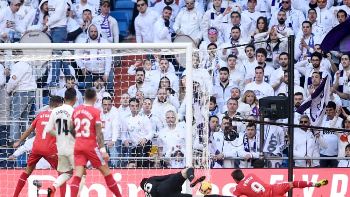 MADRID, SPAIN – FEBRUARY 17: Portu of Girona scores his team’s second goal during the La Liga match between Real Madrid CF and Girona FC at Estadio Santiago Bernabeu on February 17, 2019 in Madrid, Spain. (Photo by Denis Doyle/Getty Images)