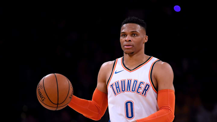 LOS ANGELES, CALIFORNIA - JANUARY 02: Russell Westbrook #0 of the Oklahoma City Thunder dribbles up court during a 107-100 win over the Los Angeles Lakers at Staples Center on January 02, 2019 in Los Angeles, California. NOTE TO USER: User expressly acknowledges and agrees that, by downloading and or using this photograph, User is consenting to the terms and conditions of the Getty Images License Agreement. (Photo by Harry How/Getty Images)