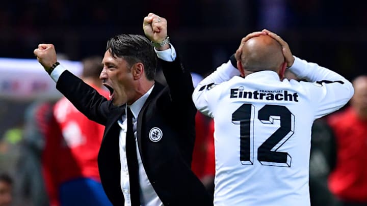 Frankfurt's Croatian head coach Niko Kovac celebrates during the German Cup DFB Pokal final football match FC Bayern Munich vs Eintracht Frankfurt at the Olympic Stadium in Berlin on May 19, 2018. (Photo by Tobias SCHWARZ / AFP) / RESTRICTIONS: ACCORDING TO DFB RULES IMAGE SEQUENCES TO SIMULATE VIDEO IS NOT ALLOWED DURING MATCH TIME. MOBILE (MMS) USE IS NOT ALLOWED DURING AND FOR FURTHER TWO HOURS AFTER THE MATCH. == RESTRICTED TO EDITORIAL USE == FOR MORE INFORMATION CONTACT DFB DIRECTLY AT +49 69 67880 / (Photo credit should read TOBIAS SCHWARZ/AFP/Getty Images)