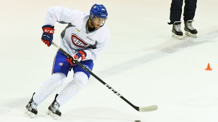 BROSSARD, QC - JULY 03: Montreal Canadiens Rookie center Ryan Poehling (44) skating with the puck in an exercise during the Montreal Canadiens Development Camp on July 3, 2017, at Bell Sports Complex in Brossard, QC (Photo by David Kirouac/Icon Sportswire via Getty Images)