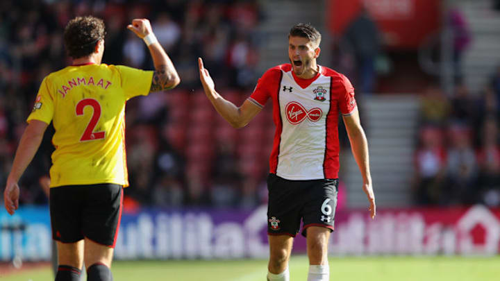 SOUTHAMPTON, ENGLAND - SEPTEMBER 09: Wesley Hoedt of Southampton reacts to a line call during the Premier League match between Southampton and Watford at St Mary's Stadium on September 9, 2017 in Southampton, England. (Photo by Warren Little/Getty Images)