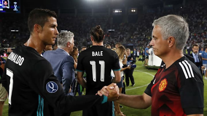SKOPJE, MACEDONIA - AUGUST 08: Cristiano Ronaldo (L) of Real Madrid shakes hands with head coach Jose Mourinho of Manchester United after the UEFA Super Cup match between Real Madrid and Manchester United at Philip II Arena on August 8, 2017 in Skopje, Macedonia. (Photo by Angel Martinez/Real Madrid via Getty Images)