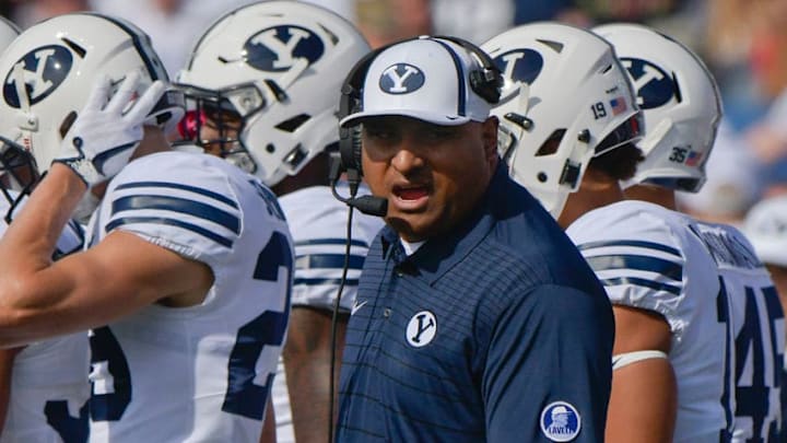 PROVO, UT - SEPTEMBER 16: Head coach Kalani Sitake of the Brigham Young Cougars looks on during a time out in the second half of their 40-6 loss to the Wisconsin Badgers at LaVell Edwards Stadium on September 16, 2017 in Provo, Utah. (Photo by Gene Sweeney Jr/Getty Images)