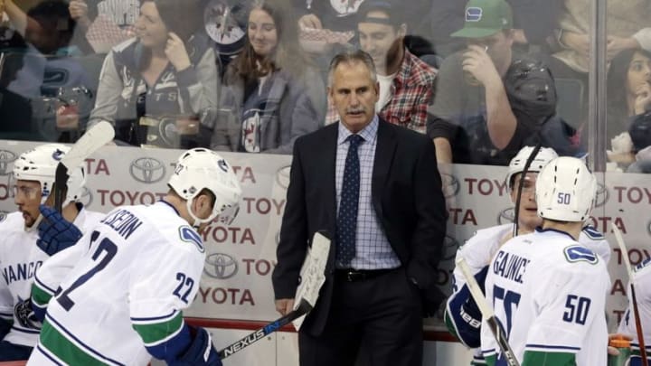 Mar 22, 2016; Winnipeg, Manitoba, CAN; Vancouver Canucks Head Coach Willie Desjardins looks on during second period play at MTS Centre. Winnipeg Jets won 2-0 over the Vancouver Canucks. Mandatory Credit: James Carey Lauder-USA TODAY Sports