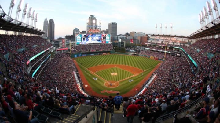 Oct 15, 2016; Cleveland, OH, USA; General view of Progressive Field during the eighth inning of game two of the 2016 ALCS playoff baseball series between the Cleveland Indians and the Toronto Blue Jays. Mandatory Credit: Charles LeClaire-USA TODAY Sports