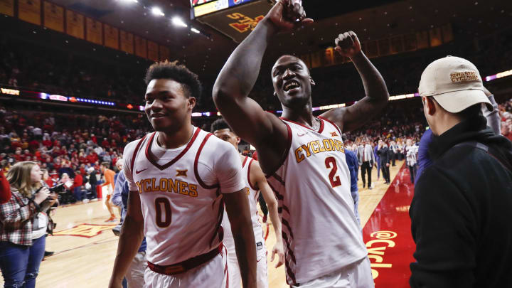 AMES, IA – FEBRUARY 2: Cameron Lard #2 of the Iowa State Cyclones celebrates with teammate Zion Griffin #0 of the Iowa State Cyclones after defeating the Texas Longhorns 65-60 at Hilton Coliseum on February 2, 2019, in Ames, Iowa. The Iowa State Cyclones won 65-60 over the Texas Longhorns. (Photo by David Purdy/Getty Images)