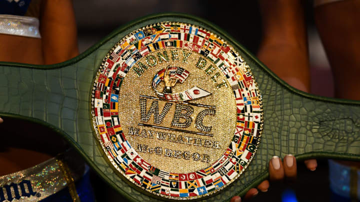 Nevada , United States - 23 August 2017; A detailed view of the belt that Conor McGregor and Floyd Mayweather Jr will fight for during a news conference at the MGM Grand in Las Vegas, USA, ahead of their super welterweight boxing match at T-Mobile Arena in Las Vegas on Saturday August 26. (Photo By Stephen McCarthy/Sportsfile via Getty Images)