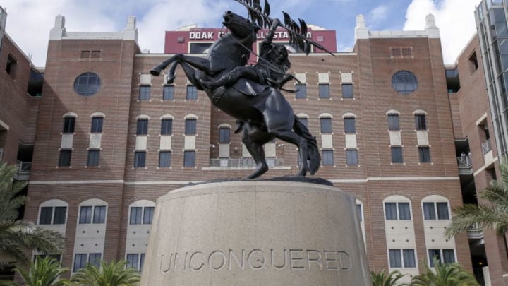 TALLAHASSEE, FL - OCTOBER 26: A general view of the Unconquered Statue in front of Doak Campbell before the Florida State Seminoles host the Syracuse Orange at Doak Campbell Stadium on Bobby Bowden Field on October 26, 2019 in Tallahassee, Florida. (Photo by Don Juan Moore/Getty Images)