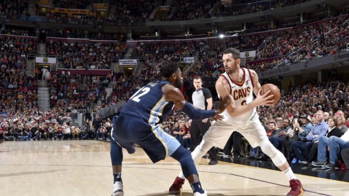CLEVELAND, OH - DECEMBER 2: Kevin Love #0 of the Cleveland Cavaliers handles the ball against the Memphis Grizzlies on December 2, 2017 at Quicken Loans Arena in Cleveland, Ohio. NOTE TO USER: User expressly acknowledges and agrees that, by downloading and/or using this Photograph, user is consenting to the terms and conditions of the Getty Images License Agreement. Mandatory Copyright Notice: Copyright 2017 NBAE (Photo by David Liam Kyle/NBAE via Getty Images)