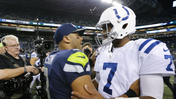 SEATTLE, WA - OCTOBER 1: Quarterback Russell Wilson #3 of the Seattle Seahawks greets Jacoby Brissett #7 of the Indianapolis Colts after the game at CenturyLink Field on October 1, 2017 in Seattle, Washington. The Seattle Seahawks beat the Indianapolis Colts 46-18. (Photo by Jonathan Ferrey/Getty Images)