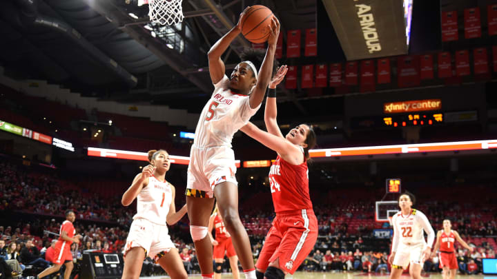 COLLEGE PARK, MD – JANUARY 05: Kaila Charles #5 of the Maryland Terrapins pulls down a rebound during a women’s college basketball game against the Ohio State Buckeyes at the Xfinity Center on January 5, 2019 in College Park, Maryland. (Photo by Mitchell Layton/Getty Images)