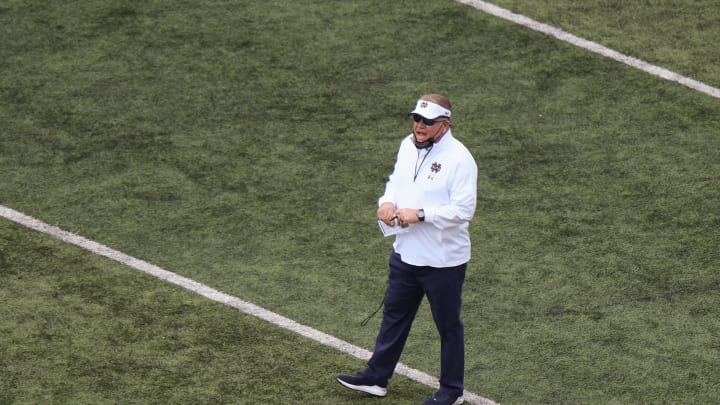 SOUTH BEND, INDIANA – MAY 01: Head coach Brian Kelly of the Notre Dame Fighting Irish reacts during the second half of the Blue-Gold Spring Game at Notre Dame Stadium on May 01, 2021, in South Bend, Indiana. (Photo by Quinn Harris/Getty Images)