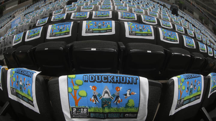 SAN JOSE, CA – APRIL 18: A shot of towels draped over chairs prior to the game between the Anaheim Ducks and San Jose Sharks in Game Four of the Western Conference First Round during the 2018 NHL Stanley Cup Playoffs at SAP Center on April 18, 2018 in San Jose, California. (Photo by Rocky W. Widner/NHL/Getty Images) *** Local Caption ***