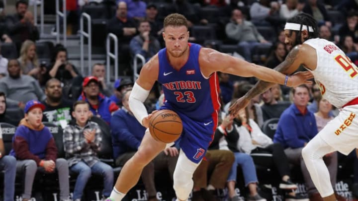 DETROIT, MI - NOVEMBER 22: Blake Griffin #23 of the Detroit Pistons drives on DeAndre' Bembry #95 of the Atlanta Hawks in the second half at Little Caesars Arena on November 22, 2019 in Detroit, Michigan. Detroit defeated Atlanta 128-103. NOTE TO USER: User expressly acknowledges and agrees that, by downloading and or using this photograph, User is consenting to the terms and conditions of the Getty Images License Agreement (Photo by Rick Osentoski/Getty Images)