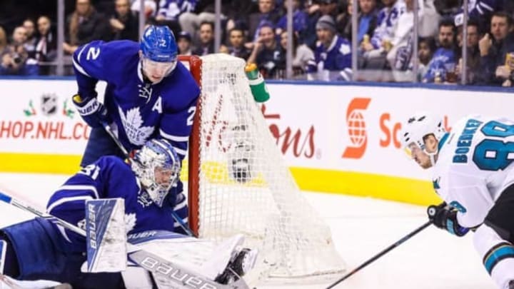 Dec 13, 2016; Toronto, Ontario, CAN; Toronto Maple Leafs Frederik Andersen (31) saves a shot by San Jose Sharks left wing Mikkel Boedker (89) at Air Canada Centre. The Sharks beat the Maple Leafs 3-2 in the shootout. Mandatory Credit: Tom Szczerbowski-USA TODAY Sports