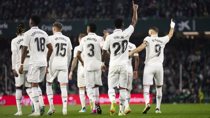 SEVILLE, SPAIN - MARCH 05: Karim Benzema of Real Madrid celebrates after scoring his team's first goal that later has been annulled during the LaLiga Santander match between Real Betis and Real Madrid CF at Estadio Benito Villamarin on March 05, 2023 in Seville, Spain. (Photo by Fermin Rodriguez/Quality Sport Images/Getty Images)