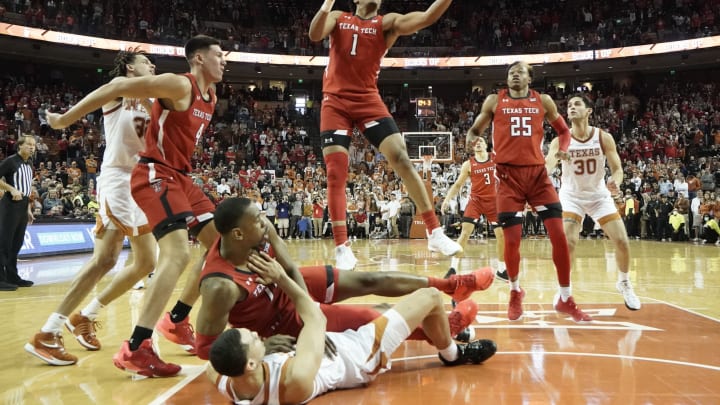 Feb 19, 2022; Austin, Texas, USA; Texas Texas Tech Red Raiders guard Terrence Shannon Jr. (1) grabs a rebound during the second half against the Texas Longhorns at Frank C. Erwin Jr. Center. Mandatory Credit: Scott Wachter-USA TODAY Sports