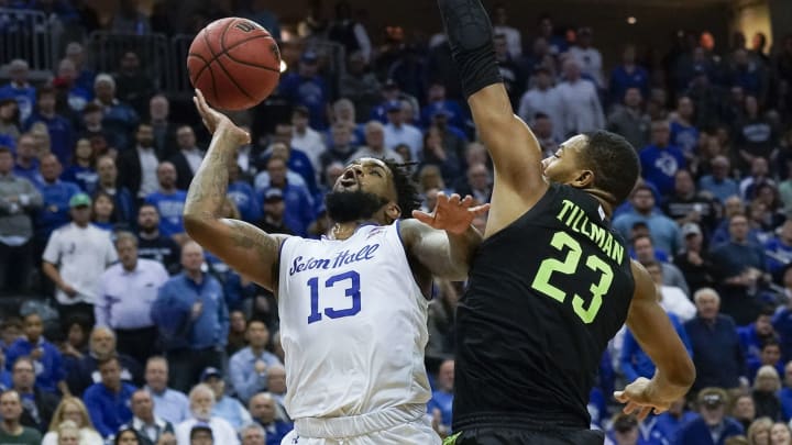 NEWARK, NJ – NOVEMBER 14: Myles Powell #13 of the Seton Hall Pirates shoots the ball against Xavier Tillman #23 of the Michigan State Spartans at Prudential Center on November 14, 2019, in Newark, NJ. (Photo by Porter BInks/Getty Images)