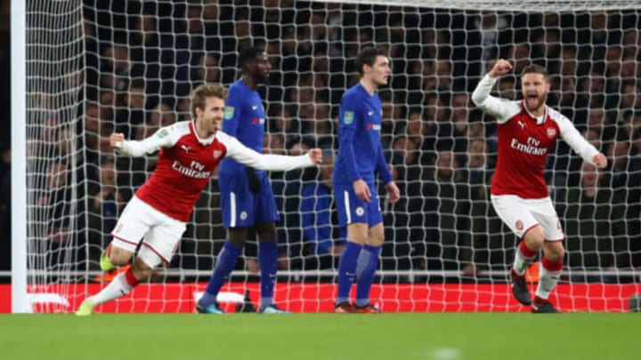 LONDON, ENGLAND – JANUARY 24: Nacho Monreal celebrates the own goal of Antonio Rudiger of Chelsea during the Carabao Cup Semi-Final Second Leg at Emirates Stadium on January 24, 2018 in London, England. (Photo by Julian Finney/Getty Images)