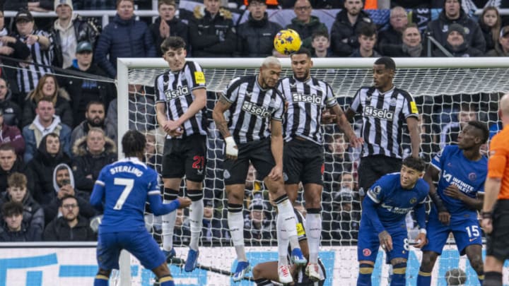 NEWCASTLE UPON TYNE, ENGLAND - NOVEMBER 25: Raheem Sterling of Chelsea scores directly from a free kick during the Premier League match between Newcastle United and Chelsea FC at St. James Park on November 25, 2023 in Newcastle upon Tyne, England. (Photo by Richard Callis/MB Media/Getty Images)