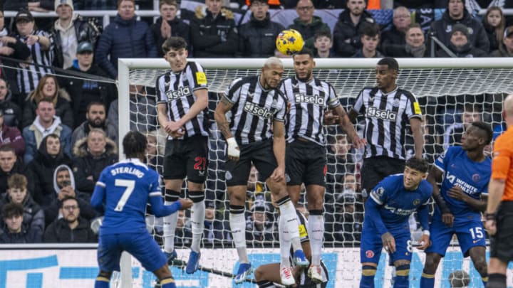 NEWCASTLE UPON TYNE, ENGLAND - NOVEMBER 25: Raheem Sterling of Chelsea scores directly from a free kick during the Premier League match between Newcastle United and Chelsea FC at St. James Park on November 25, 2023 in Newcastle upon Tyne, England. (Photo by Richard Callis/MB Media/Getty Images)