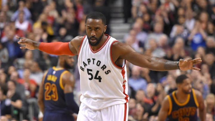 Dec 5, 2016; Toronto, Ontario, CAN; Toronto Raptors forward Patrick Patterson (54) reacts after sinking a three point basket against Cleveland Cavaliers at Air Canada Centre. Mandatory Credit: Dan Hamilton-USA TODAY Sports