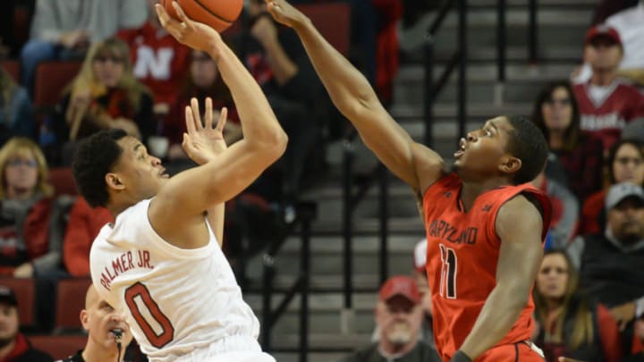 LINCOLN, NE - FEBRUARY 6: Darryl Morsell #11 of the Maryland Terrapins defends a shot attempt from James Palmer Jr. #0 of the Nebraska Cornhuskers at Pinnacle Bank Arena on February 6, 2019 in Lincoln, Nebraska. (Photo by Steven Branscombe/Getty Images)