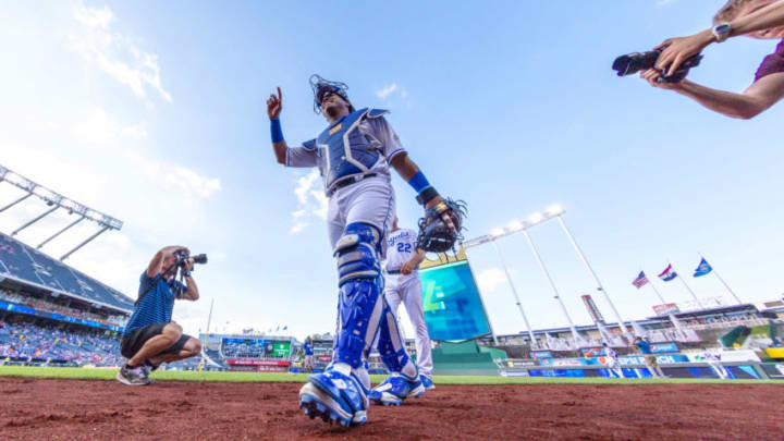 KANSAS CITY, MO - JUNE 18: Photographers take pictures of Kansas City Royals catcher Salvador Perez (13) prior to the MLB American League game against the Texas Rangerson June 18, 2016 at Kauffman Stadium in Kansas City, Missouri. (Photo by William Purnell/Icon Sportswire via Getty Images)
