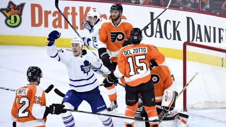 Jan 19, 2016; Philadelphia, PA, USA; Toronto Maple Leafs center Shawn Matthias (23) reacts after goal was scored with eight seconds left by Toronto Maple Leafs defenseman Matt Hunwick (2) (not pictured) during the third period against the Philadelphia Flyers at Wells Fargo Center. The Maple Leafs defeated the Flyers, 3-2. Mandatory Credit: Eric Hartline-USA TODAY Sports