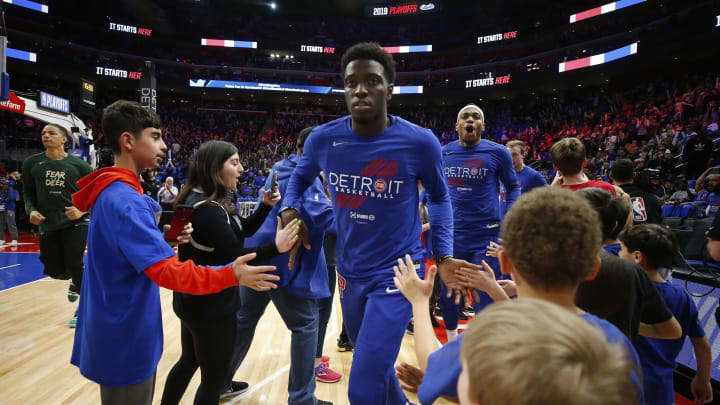 DETROIT, MI – APRIL 20: Khyri Thomas #13 of the Detroit Pistons makes his entrance before Game Three of Round One of the 2019 NBA Playoffs on April 20, 2019 at the Little Caesars Arena in Detroit, Michigan. NOTE TO USER: User expressly acknowledges and agrees that, by downloading and or using this photograph, user is consenting to the terms and conditions of the Getty Images License Agreement. Mandatory Copyright Notice: Copyright 2019 NBAE (Photo by Brian Sevald/NBAE via Getty Images)