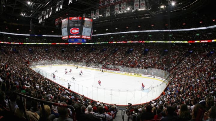 MONTREAL - SEPTEMBER 18: An elevated general view shows the Pittsburgh Penguins playing against the Montreal Canadiens during their pre-season game on September 18, 2007 at the Bell Centre in Montreal, Quebec, Canada. The Penguins defeated the Canadiens 5-2. (Photo by Phillip MacCallum/Getty Images)