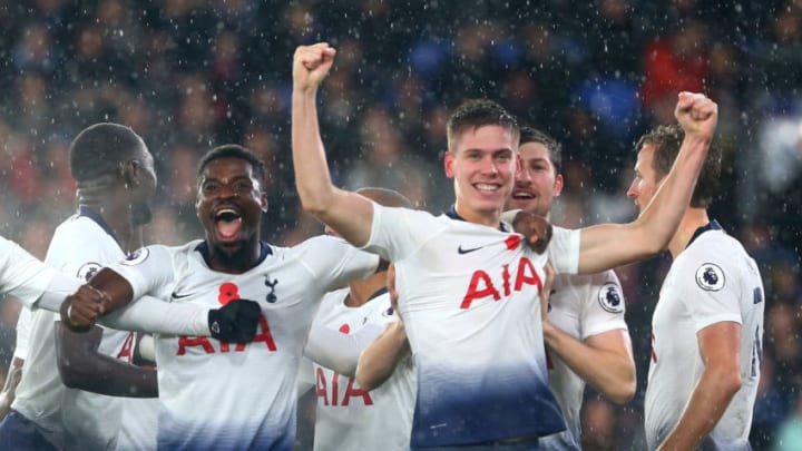 LONDON, ENGLAND - NOVEMBER 10: Juan Foyth of Tottenham Hotspur celebrates scoring this teams first goal during the Premier League match between Crystal Palace and Tottenham Hotspur at Selhurst Park on November 10, 2018 in London, United Kingdom. (Photo by Chloe Knott - Danehouse/Getty Images)