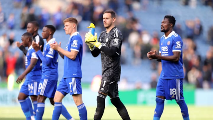 Harvey Barnes, Danny Ward and Daniel Amartey of Leicester City (Photo by Alex Pantling/Getty Images)