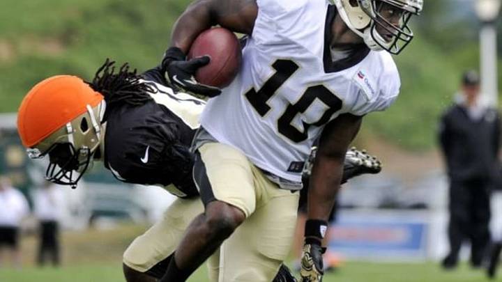 Jul 28, 2014; White Sulpher Springs, WV, USA; New Orleans Saints wide receiver Brandin Cooks (10) gets past a defender during training camp at The Greenbrier. Mandatory Credit: Michael Shroyer-USA TODAY Sports Jul 28, 2014; White Sulpher Springs, WV, USA; New Orleans Saints wide receiver Brandin Cooks (10) gets past a defender during training camp at The Greenbrier. Mandatory Credit: Michael Shroyer-USA TODAY Sports