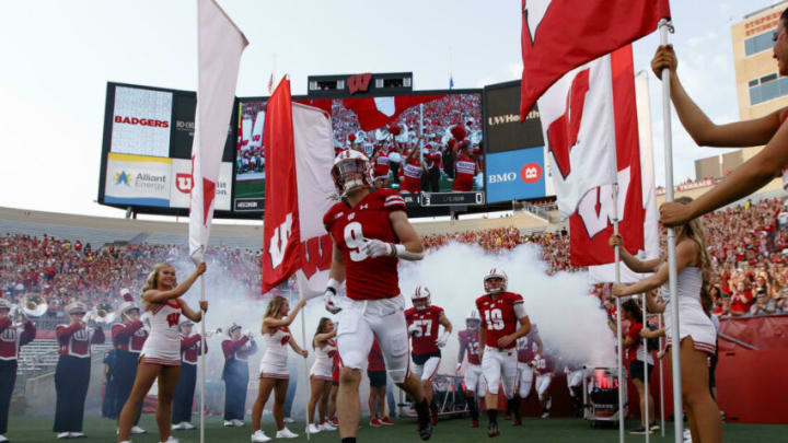 Sep 11, 2021; Madison, Wisconsin, USA; The Wisconsin Badgers take the field prior to the game against the Eastern Michigan Eagles at Camp Randall Stadium. Mandatory Credit: Jeff Hanisch-USA TODAY Sports