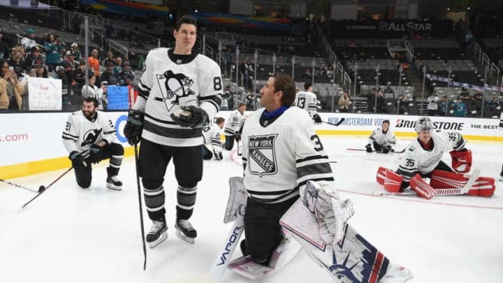 SAN JOSE, CA - JANUARY 26: Sidney Crosby #87 of the Pittsburgh Penguins and Henrik Lundqvist #30 of the New York Rangers look on during warm-ups prior to the 2019 Honda NHL All-Star Game at SAP Center on January 26, 2019 in San Jose, California. (Photo by Brian Babineau/NHLI via Getty Images)