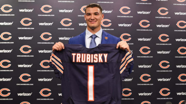 Apr 28, 2017; Lake Forest, IL, USA; Chicago Bears quarterback Mitchell Trubisky poses for a photo with his jersey during a press conference at Halas Hall. Mandatory Credit: Patrick Gorski-USA TODAY Sports
