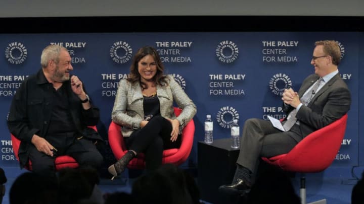 LAW & ORDER: SPECIAL VICTIMS UNIT -- "Creating Great Characters: Dick Wolf & Mariska Hargitay in Conversation" -- Pictured: (l-r) Dick Wolf, Mariska Hargitay, Robert Greenblatt, Chairman, NBC Entertainment at the Paley Center for Media, June 4, 2018 -- (Photo by: Chris Haston/NBC)