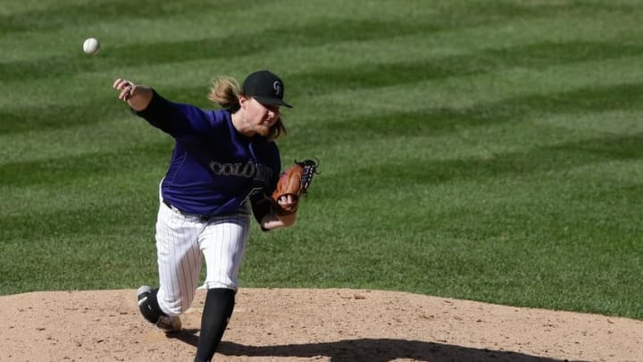 Sep 4, 2016; Denver, CO, USA; Colorado Rockies starting pitcher Jon Gray (55) delivers a pitch in the seventh inning against the Arizona Diamondbacks at Coors Field. Mandatory Credit: Isaiah J. Downing-USA TODAY Sports