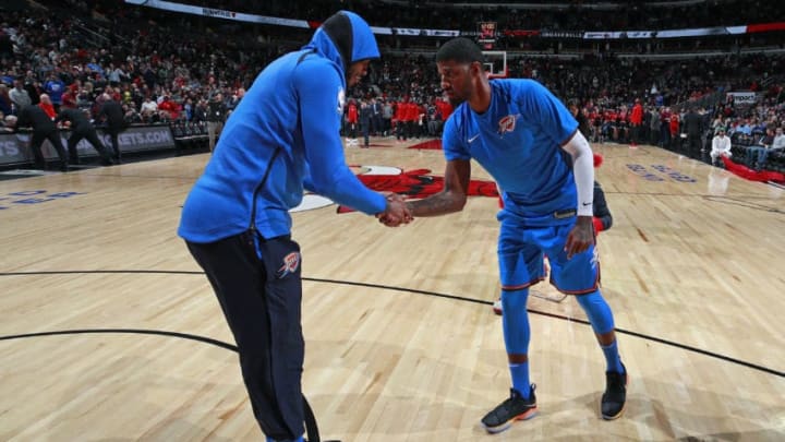 CHICAGO, IL - OCTOBER 28: Paul George #13 and Carmelo Anthony #7 of the OKC Thunder high five before the game against the Chicago Bulls on October 28, 2017 at the United Center in Chicago, Illinois. Copyright 2017 NBAE (Photo by Jeff Haynes/NBAE via Getty Images)