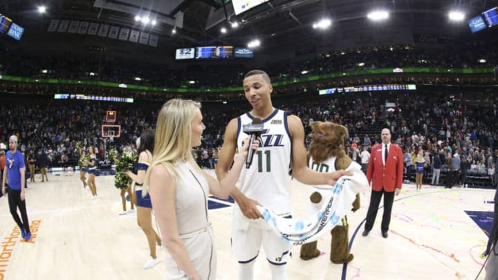 SALT LAKE CITY, UT - MARCH 30: Dante Exum #11 of the Utah Jazz speaks to the media after game against the Memphis Grizzlies on March 30, 2018 at vivint.SmartHome Arena in Salt Lake City, Utah. Copyright 2018 NBAE (Photo by Melissa Majchrzak/NBAE via Getty Images)