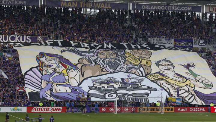 Mar 5, 2017; Orlando, FL, USA; A large flag is displayed by the crowd before the first half of an MLS soccer match between the Orlando City FC and the New York City FC at Orlando City Stadium. Mandatory Credit: Reinhold Matay-USA TODAY Sports