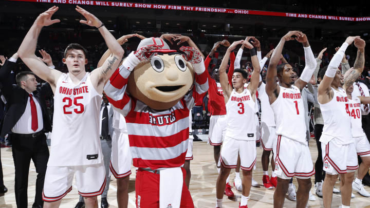 COLUMBUS, OH – NOVEMBER 13: Ohio State Buckeyes players celebrate with Brutus Buckeye after the game against the Villanova Wildcats at Value City Arena on November 13, 2019 in Columbus, Ohio. Ohio State defeated Villanova 76-51. (Photo by Joe Robbins/Getty Images)