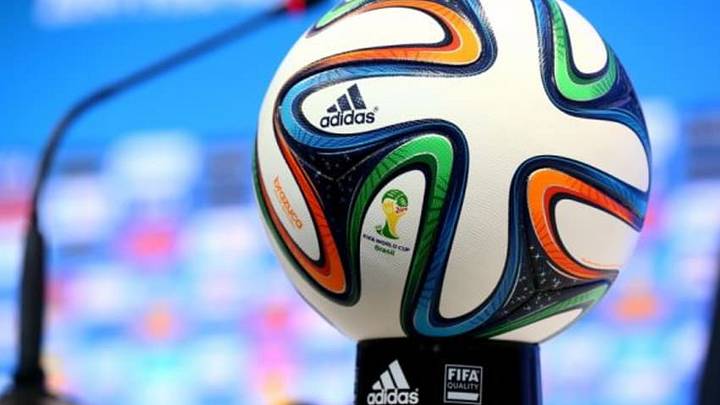 Jun 30, 2014; Salvador, BRAZIL; Detailed view of the FIFA World Cup logo on an official Adidas soccer ball prior to the USA press conference at Estadio Roberto Santos prior to tomorrows 2014 World Cup match against Belgium. Mandatory Credit: Mark J. Rebilas-USA TODAY Sports
