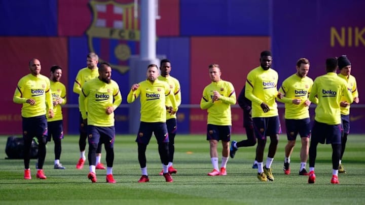 Barcelona's players take part in a training session at the Joan Gamper training ground in Sant Joan Despi in the outskirts of Barcelona on February 29, 2020 on the eve of the Spanish League football match between Real Madrid and Barcelona. (Photo by PAU BARRENA / AFP) (Photo by PAU BARRENA/AFP via Getty Images)