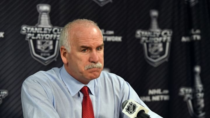 Apr 13, 2016; St. Louis, MO, USA; Chicago Blackhawks head coach Joel Quenneville speaks to the media after the Chicago Blackhawks loss to the St. Louis Blues 1-0 in overtime period in game one of the first round of the 2016 Stanley Cup Playoffs at Scottrade Center. Mandatory Credit: Jasen Vinlove-USA TODAY Sports