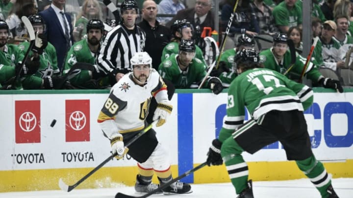 DALLAS, TX - NOVEMBER 25: Alex Tuch #89 of the Vegas Golden Knights handles the puck against the Dallas Stars at the American Airlines Center on November 25, 2019 in Dallas, Texas. (Photo by Glenn James/NHLI via Getty Images)